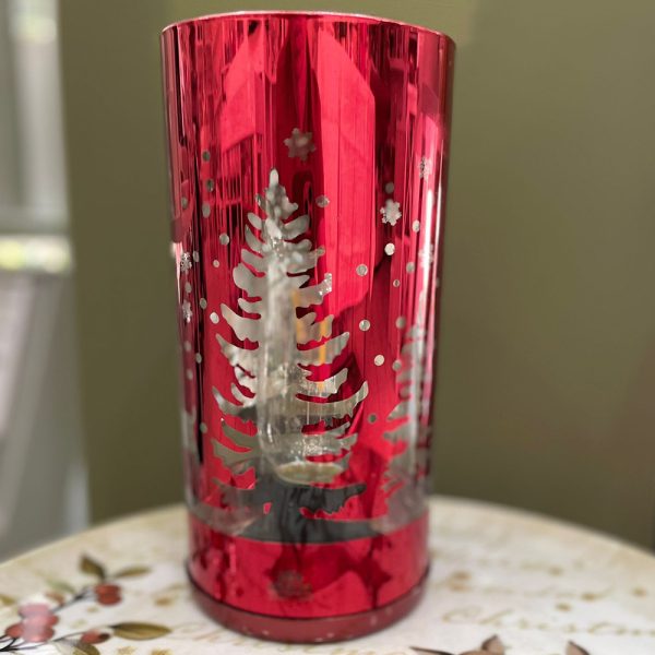 Lampada natalizia cilindrica con paesaggio invernale rossa Hervt